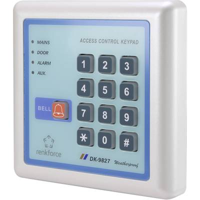 'Elektronische Zugangskontrolle: Tastenfeld mit Zahlen 0-9, Glockenknopf unten links, und Systemstatus-LEDs für Mains, Door, Alarm, Aux.'
