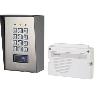 Ein elektronisches Türschloss mit Tastenfeld zur Zugangskontrolle, daneben ein separates weißes Gerät mit Lautsprecher und LED-Anzeige.