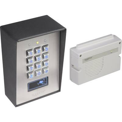 Ein silbernes Tastenfeld mit Nummern und RFID-Symbol auf der linken Seite, daneben ein weißes elektronisches Gerät. Beide von 'sygonix'.