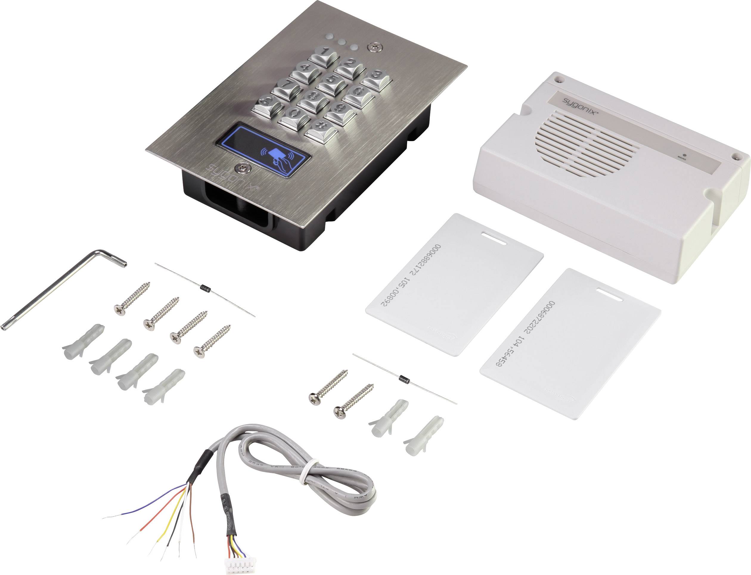 Türzugangssystem-Set mit elektronischem Kartenleser, Tastenfeld, Lautsprecher, Schrauben, Dübeln und Anschlusskabel.