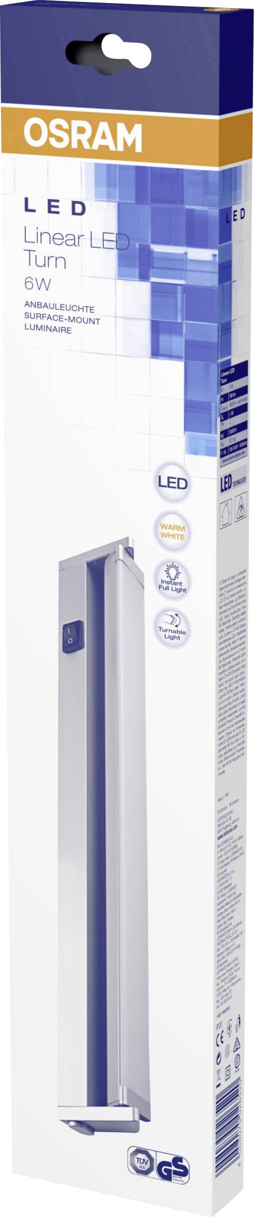 'Osram LED Linear LED Turn 6W' Verpackung: Zeigt ein lineares LED-Leuchtmittel mit Fokus auf Energieeffizienz und gängige Zertifikate.