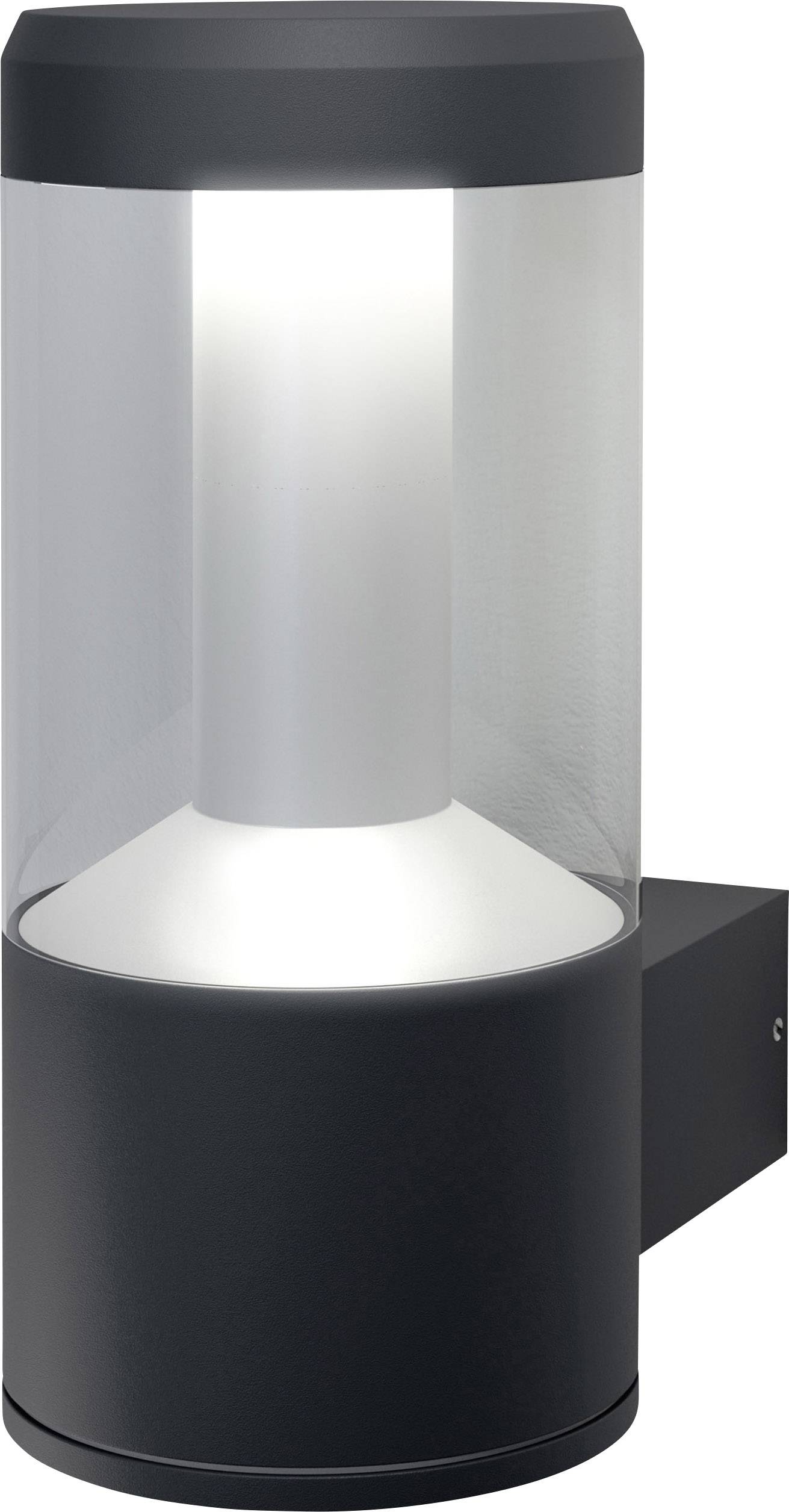 Moderne Außenlampe mit zylindrischem Design, transparentem Gehäuse und hellem Licht. Wandmontiert für Außenbeleuchtung.