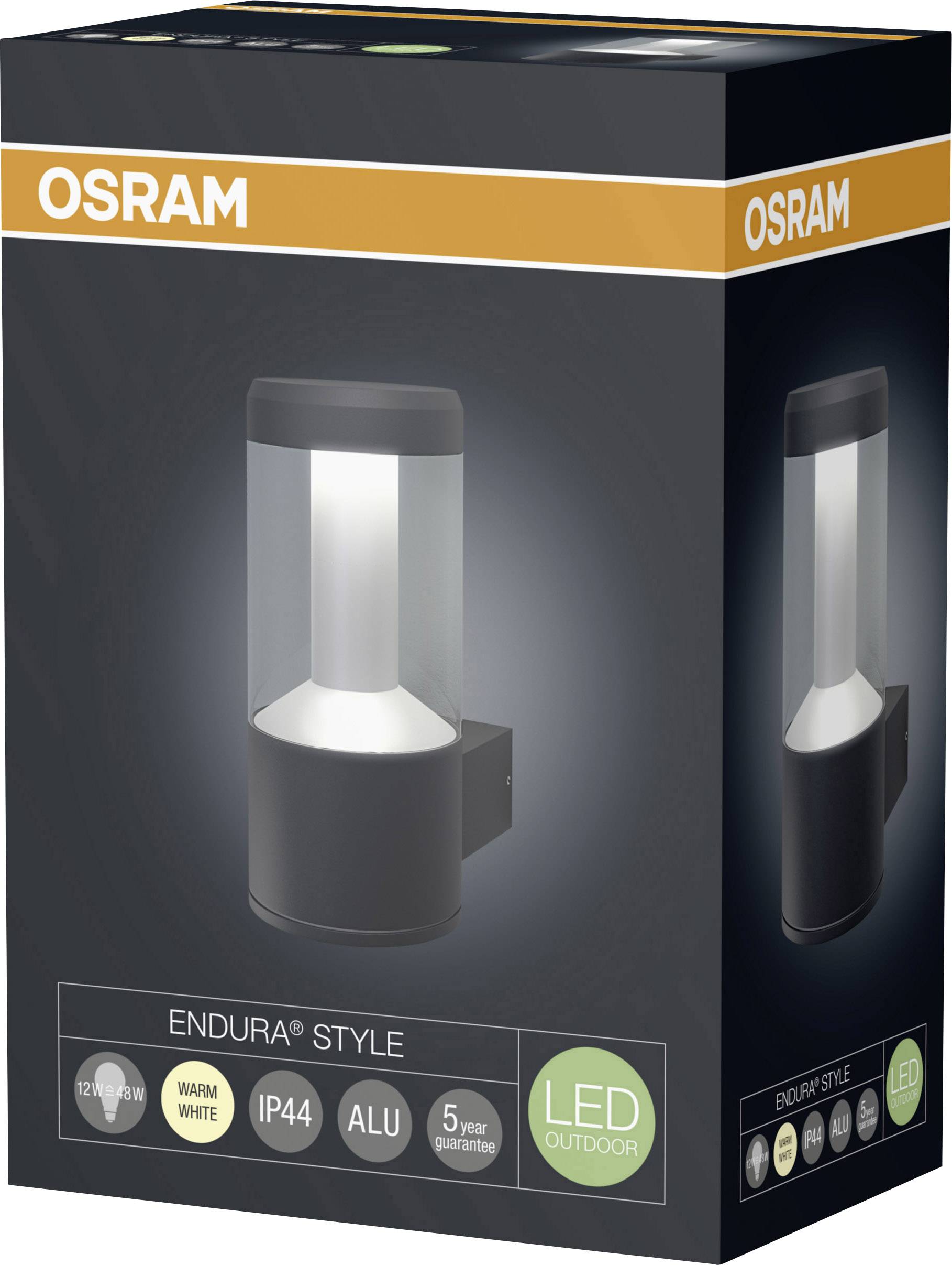 Osram Endura Style Wandleuchte in Schwarz auf Verpackung gezeigt, geeignet für Außenbereich mit LED-Licht, Schutzart IP44, 5 Jahre Garantie.