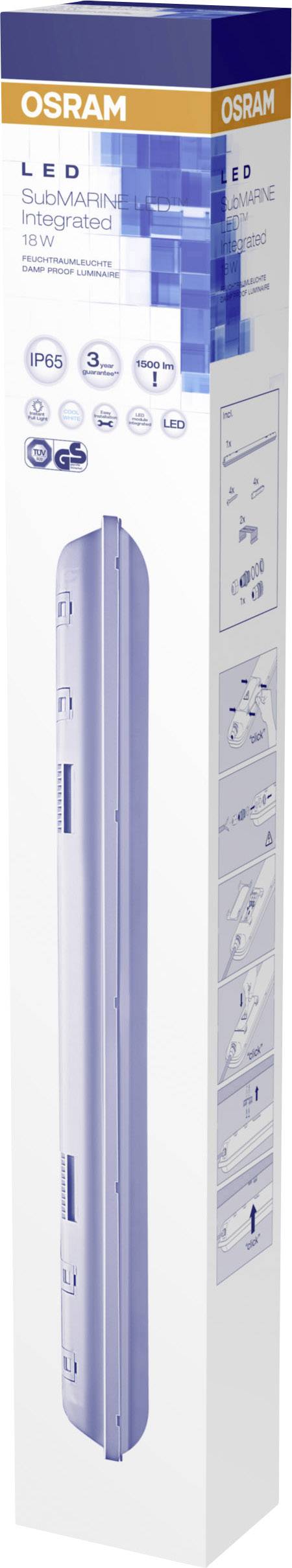 Eine Verpackung für eine OSRAM LED-Leuchte mit Produktinformationen wie Energieeffizienz, Installationsanleitung und technischen Daten.