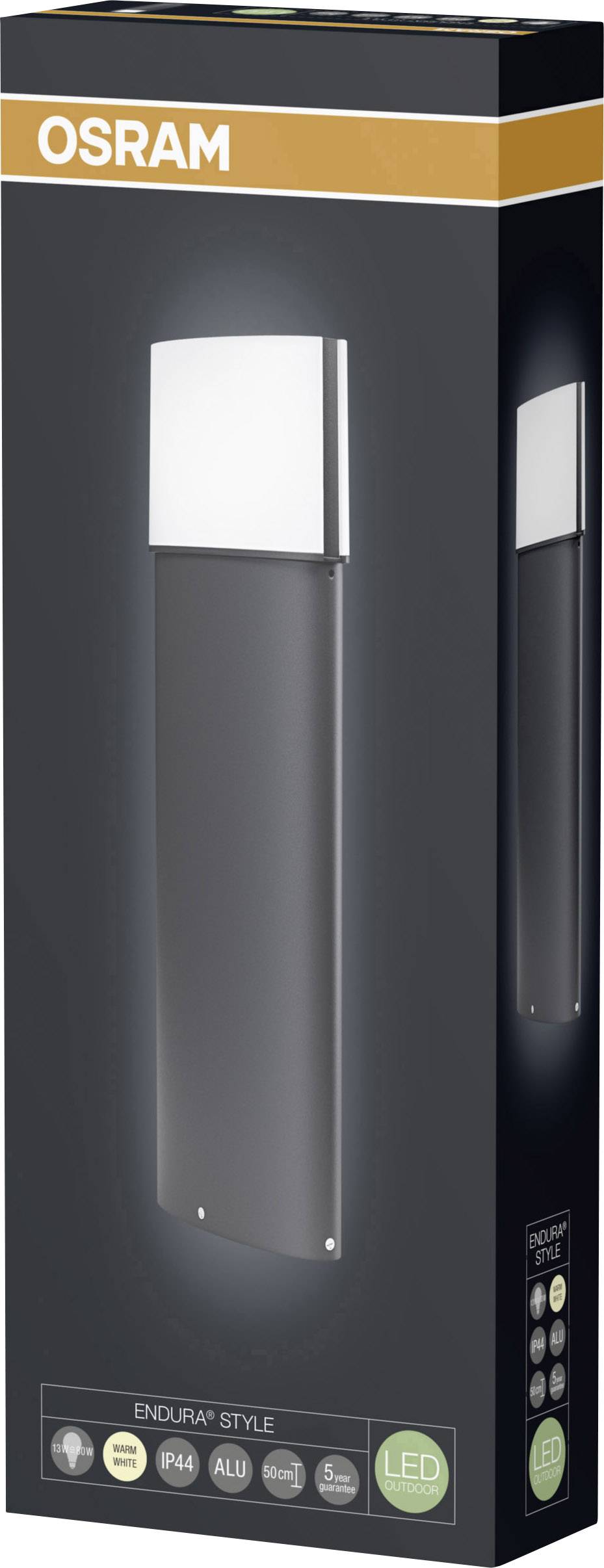 Verpackung einer Osram LED-Außenleuchte mit modernem Design, beschriftet mit 'Endura Style', zeigt wasser- und staubdichte Eigenschaften.