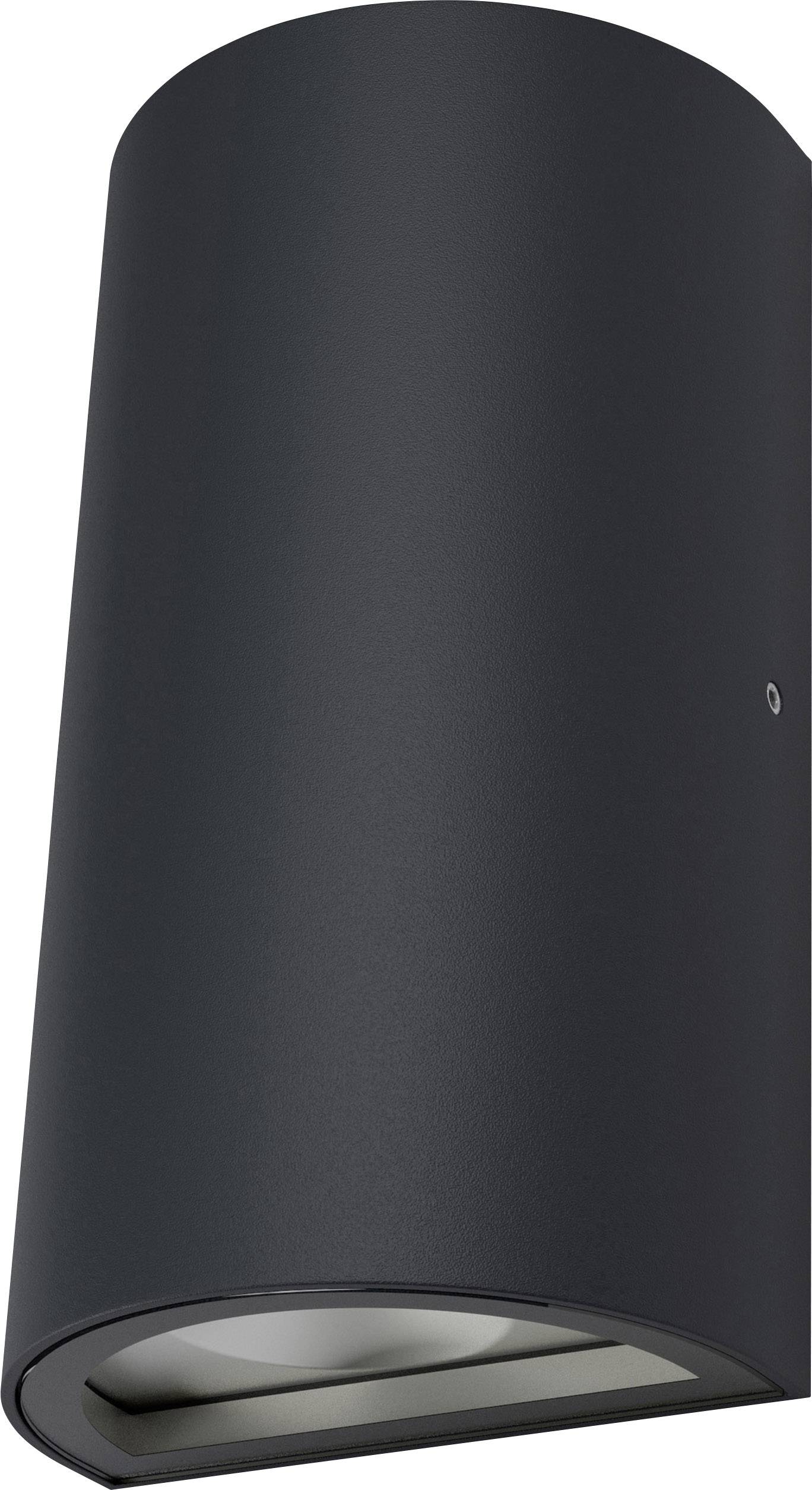 Schwarze zylindrische Wandlampe mit nach unten gerichtetem Lichtaustritt, geeignet für moderne Außenbeleuchtung.