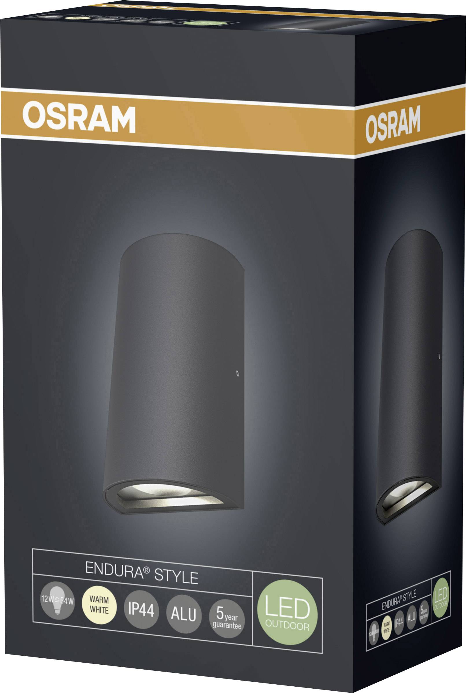 Eine Verpackung mit der Aufschrift 'OSRAM' enthält eine schwarze LED-Außenleuchte. Hinweise: IP44, Aluminium, warmweiß, 5 Jahre Garantie.