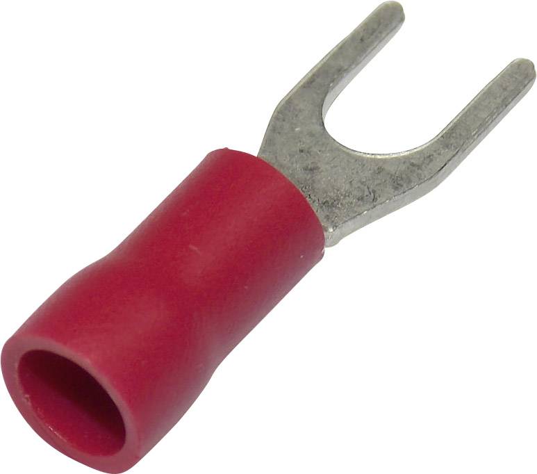 Roter Kabelschuh in Gabelform, meist zur elektrischen Verbindung verwendet.