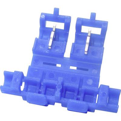 Ein blauer Kunststoffstecker mit zwei Metallelementen, verwendet zur elektrischen Verbindung.