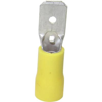 Elektrischer Kabelstecker, gelb isoliert, mit flacher Metallklemme für sichere elektrische Verbindungen. Ideal für Kabelverbindungen.