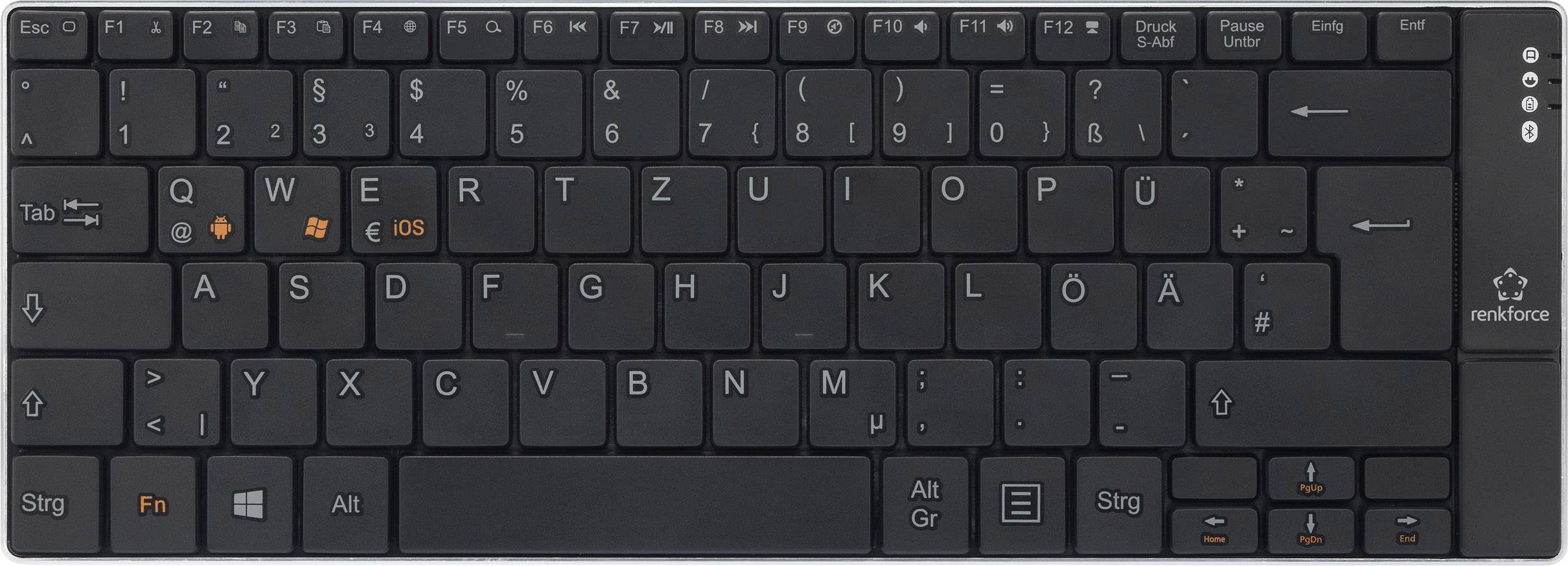 Computertastatur in deutscher QWERTZ-Anordnung, schwarze Tasten mit weißen Buchstaben, orange Akzenttasten in der unteren linken Ecke.