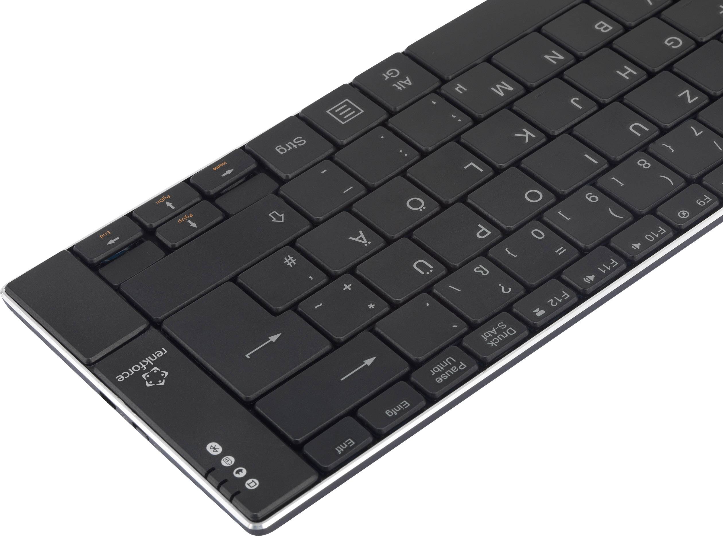 Schwarze Laptop-Tastatur ohne Nummernblock mit deutschen QWERTZ-Tasten. Links oben befinden sich spezielle Funktionstasten.
