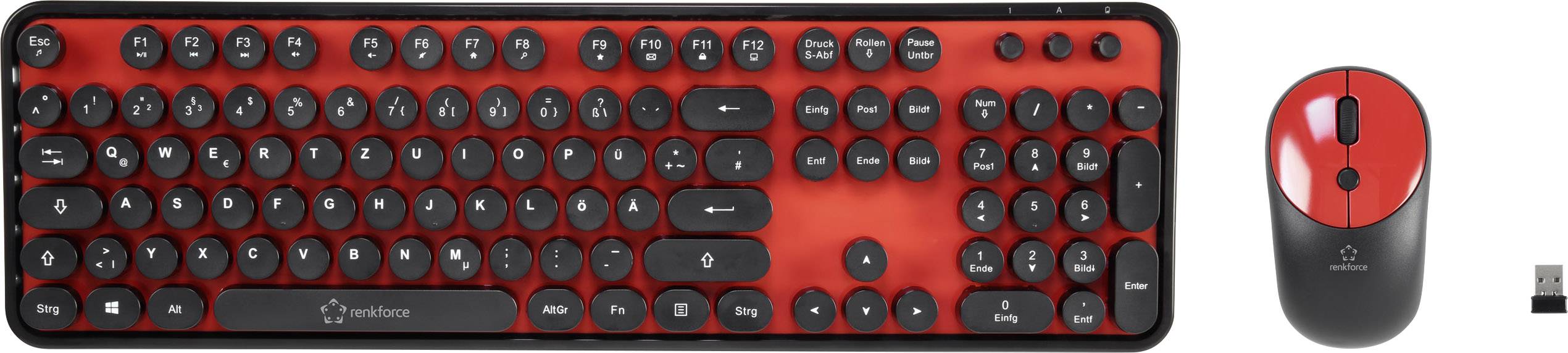 Kabellose Tastatur und Maus in Rot und Schwarz mit USB-Empfänger, stilvolles Retro-Design.