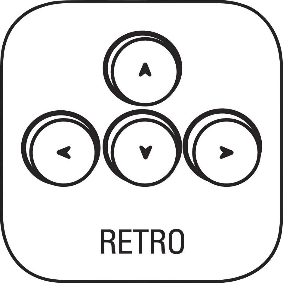 Vier schwarze Pfeiltasten in Retro-Stil-Anordnung, beschriftet mit 'RETRO'. Tasten zeigen nach oben, unten, links und rechts.