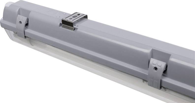 Graue, industrielle LED-Leuchte mit einem robusten Gehäuse und klarer Abdeckung. Geeignet für harte Umgebungen.