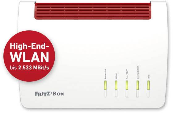 Eine FRITZ!Box mit rotem Akzent oben, labels 'High-End-WLAN bis 2.533 MBit/s'. Zeigt verschiedene Statuslichter an.