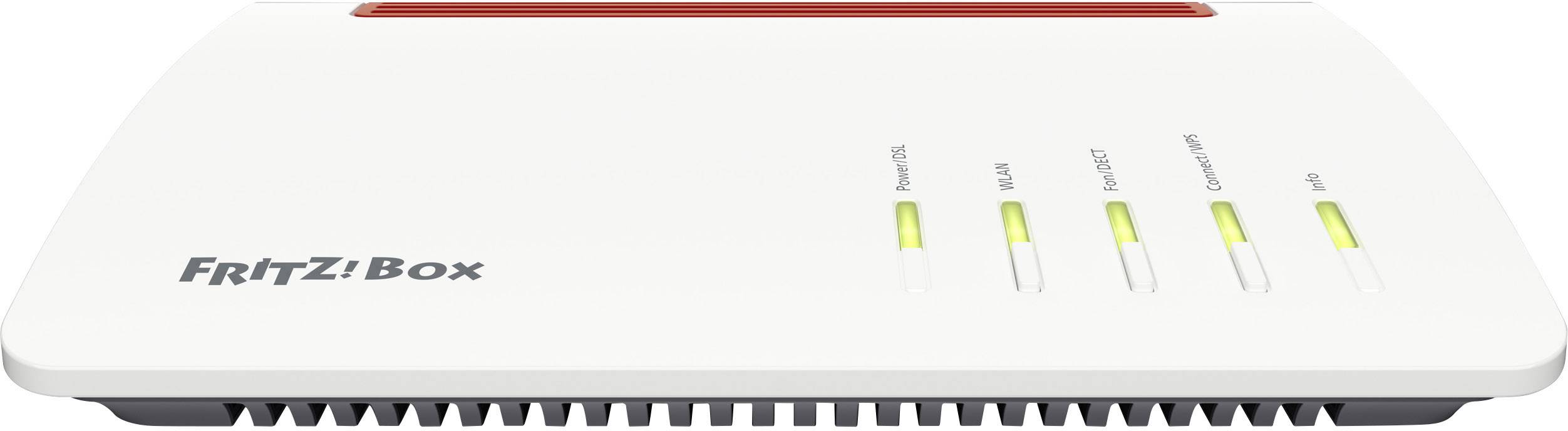 Ein weißer WLAN-Router mit der Aufschrift 'FRITZ!Box', vier leuchtende LEDs für Power, DSL, WLAN und Connect/WPS.