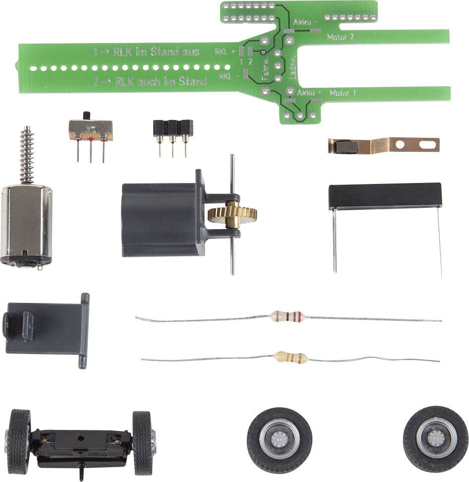 Bauteilsatz für ein Elektronikprojekt mit diversen Komponenten: Leiterplatte, Schalter, Motor, Anschlüsse, Widerstände und Räder.