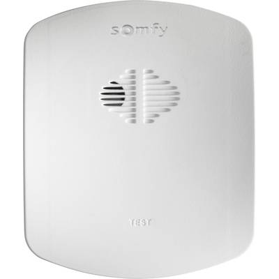 Ein weißer Rauchmelder mit dem Schriftzug 'Somfy' oben und 'Test' unten. Ventilationsöffnungen in der Mitte.