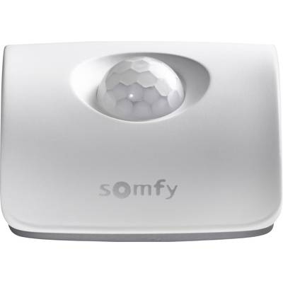 Ein weißer Bewegungssensor mit dem Logo 'Somfy' auf der Vorderseite, geeignet für Sicherheitsanwendungen oder automatische Steuerungen.