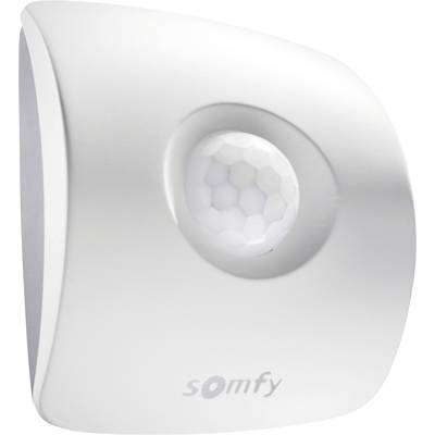 Ein weißer Bewegungsmelder mit der Aufschrift 'somfy', er hat eine rechteckige Form mit einer gewölbten Vorderseite und sechseckigen Sensoren.