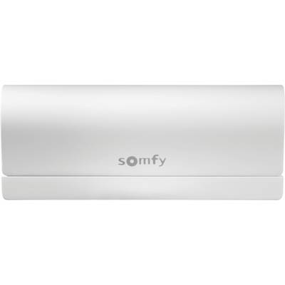 Ein rechteckiges, weißes Gerät mit dem Logo 'somfy' in der Mitte. Gerät könnte ein Smart-Home-Zubehör sein.