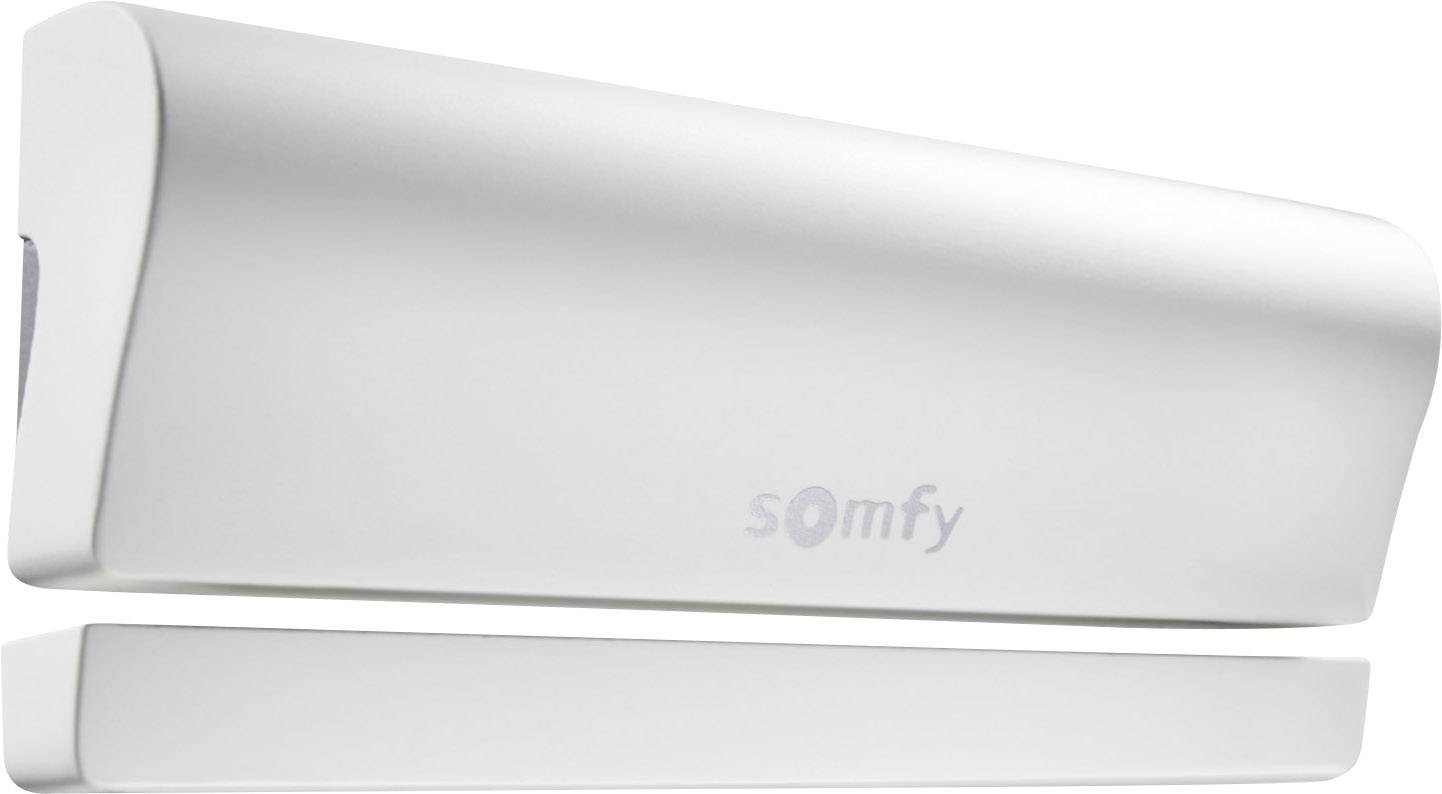 Weiße Somfy-Geräteeinheit, möglicherweise ein Sensor oder Aktuator, mit schlichtem, modernem Design.