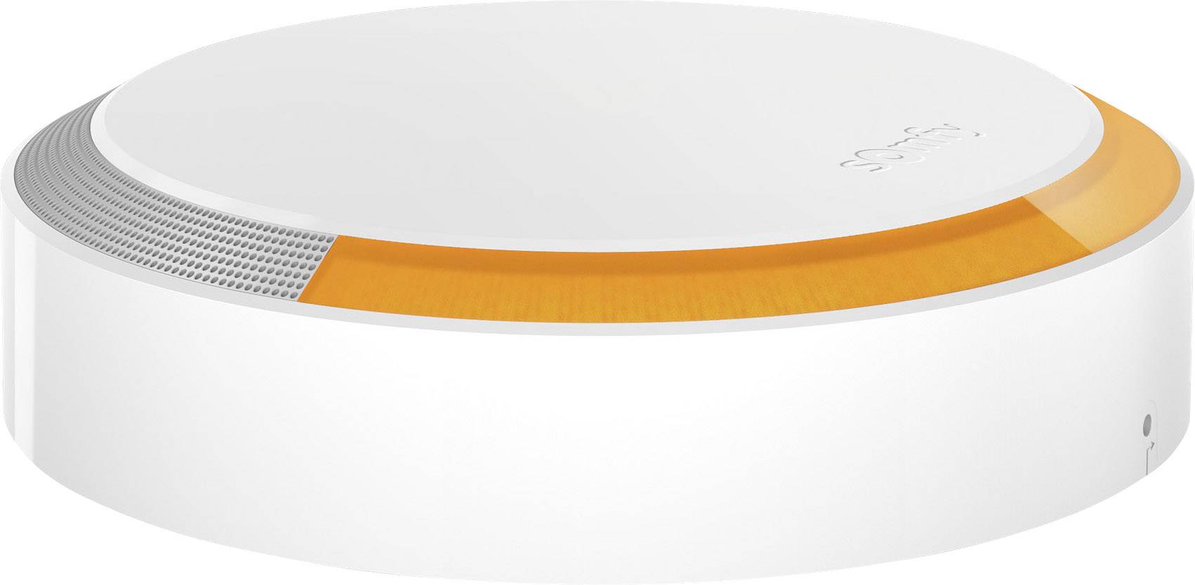 Ein weißer, runder WLAN-Router mit einem orangefarbenen Leuchtring an der Seite. Elegant und modern gestaltet für Heimnetzwerke.