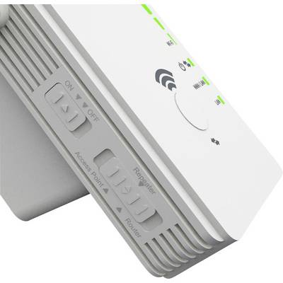 Ein WLAN-Repeater mit Tasten für 'An' und 'Aus', Moduswahl zwischen 'Access Point', 'Repeater' und 'Router' sowie Statusanzeigen.