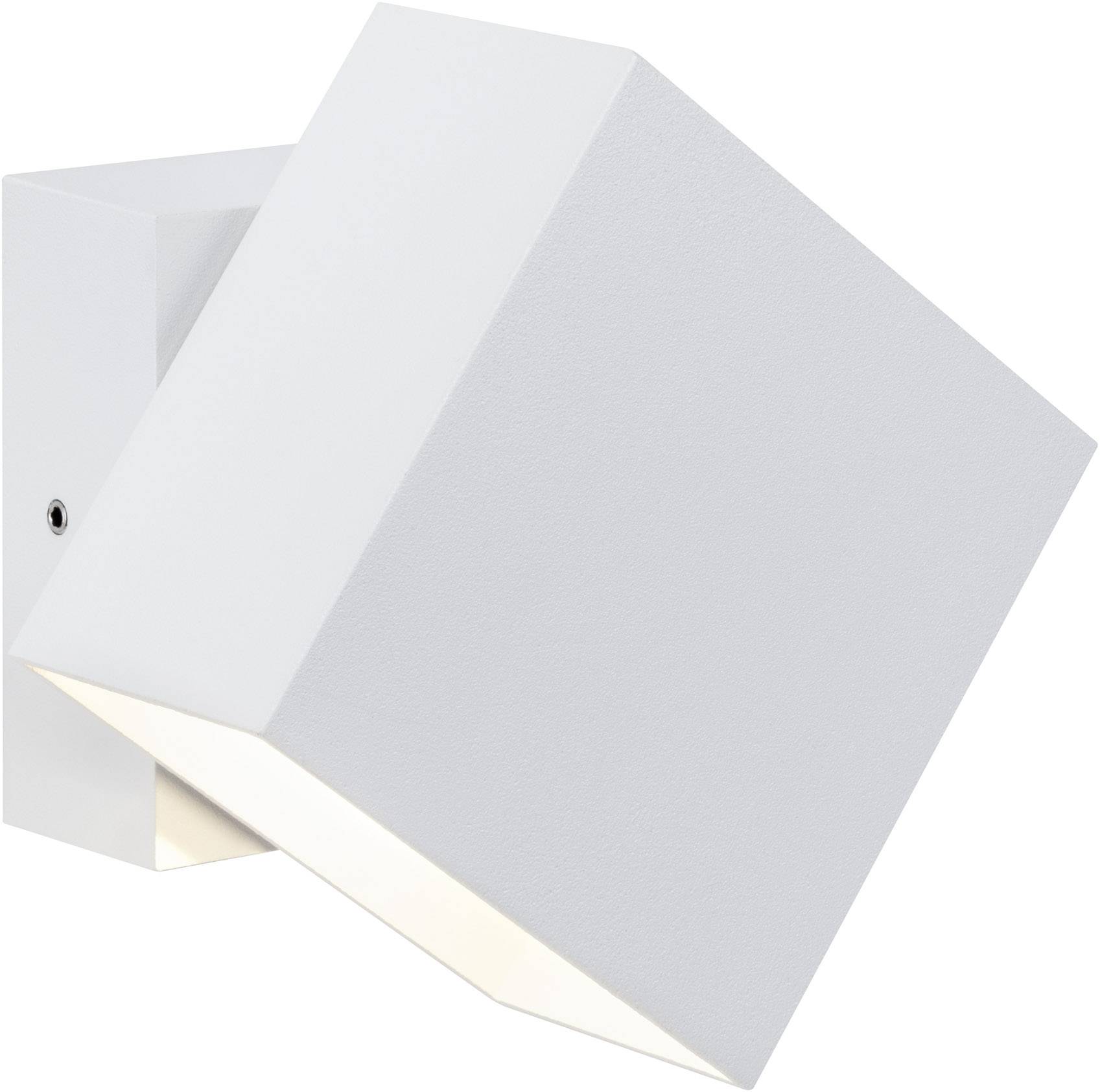 Weiße, geometrisch geformte Wandleuchte mit modernem Design. Einfache Linien und klare Kanten betonen die stilvolle Ästhetik.