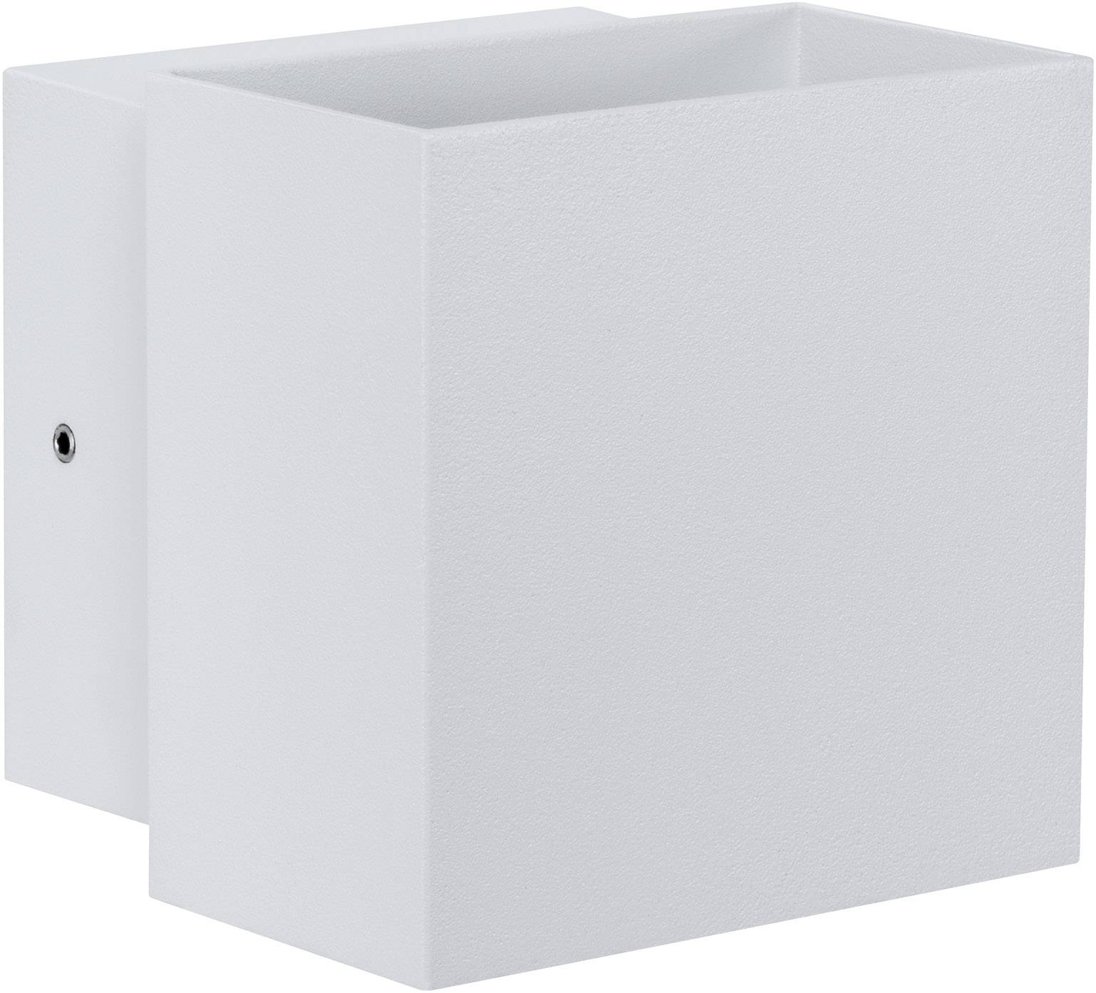 Weiße, quadratische Wandleuchte mit minimalistischen Design.