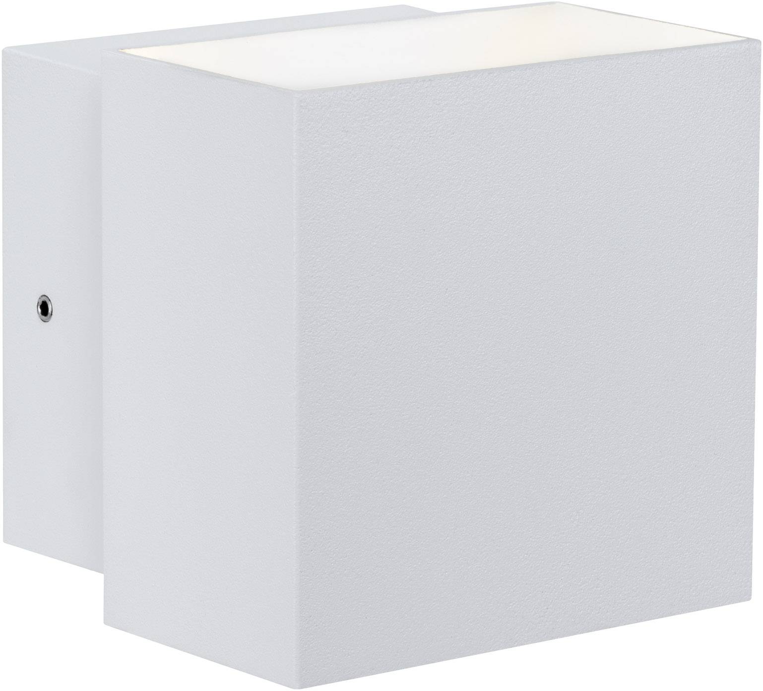 Eine moderne, quadratische Wandleuchte aus weißem Metall mit einem nach oben und unten gerichteten Lichtstrahl.