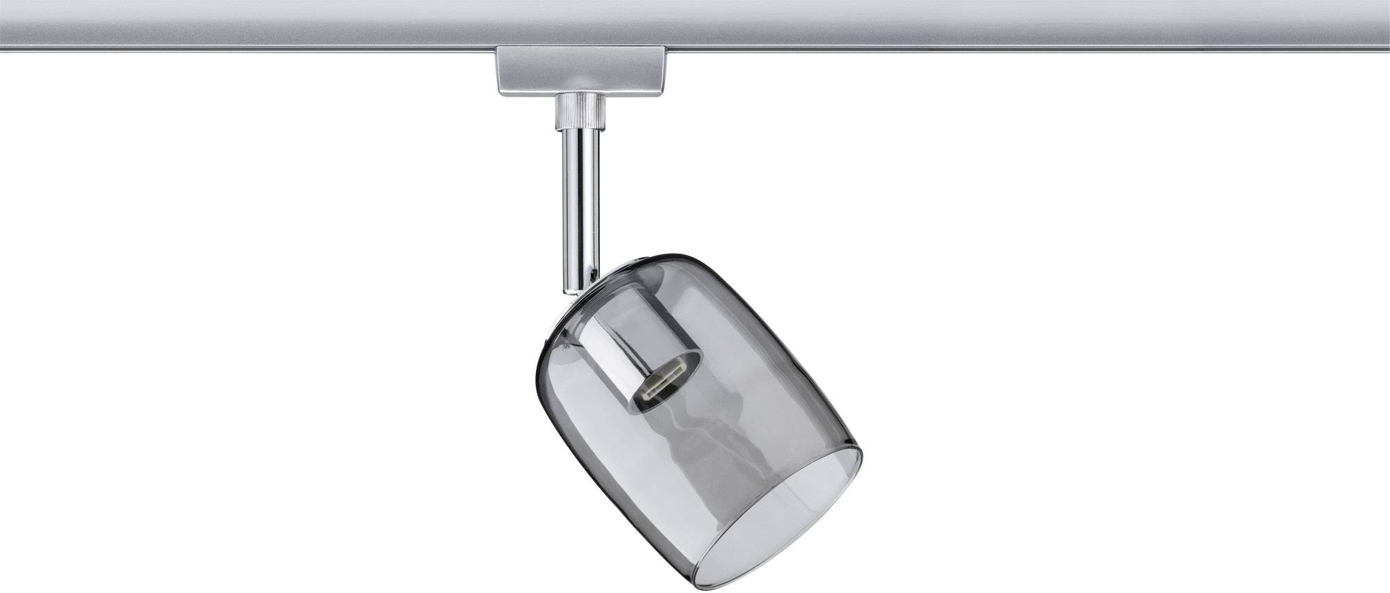 Schwarzer Deckenstrahler mit zylindrischem Glas-Lampenschirm, montiert an einer silbernen Metallschiene.