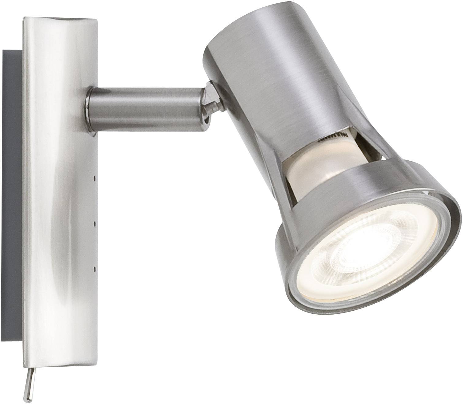 Silberne, moderne Wandlampe mit verstellbarem Kopf, aus gebürstetem Metall. Sie beleuchtet gezielt Bereiche im Raum.