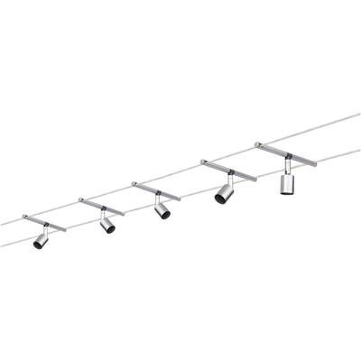 Ein modernes Schienensystem mit fünf verstellbaren Spot-Leuchten, montiert an einem rechteckigen Balken. Ideal für flexible Beleuchtung.