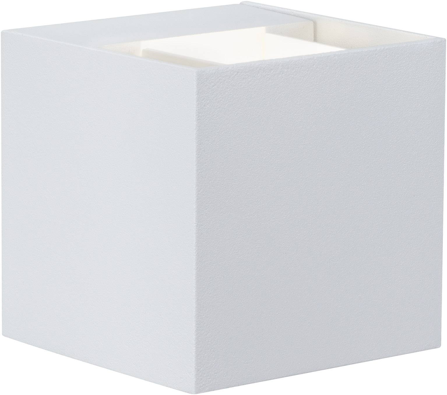Weiße, quadratische Wandleuchte mit offenem, rechteckigem Oberteil, das diffuses Licht in den Raum abgibt.
