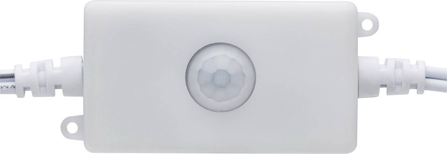 Ein weißer Bewegungssensor mit zwei Kabelanschlüssen an den Seiten, zentral platziert in einem rechteckigen Gehäuse.