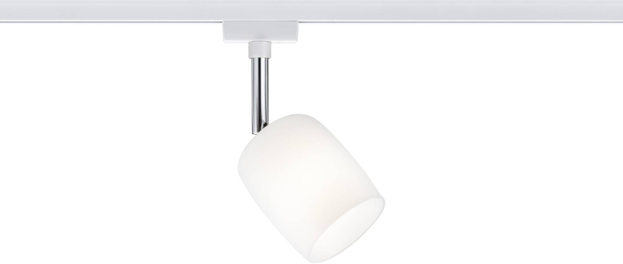 Einzelner, schwenkbarer Deckenstrahler mit weißem Lampenschirm und silbernem Stab, montiert auf weißer Schiene.