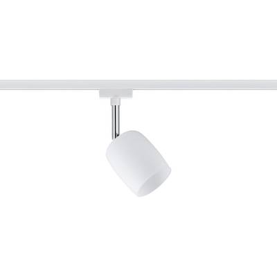 Einzelner weißer Strahler an einem Schienensystem, nach unten gerichtet. Minimalistisches Design für Innenbeleuchtung.