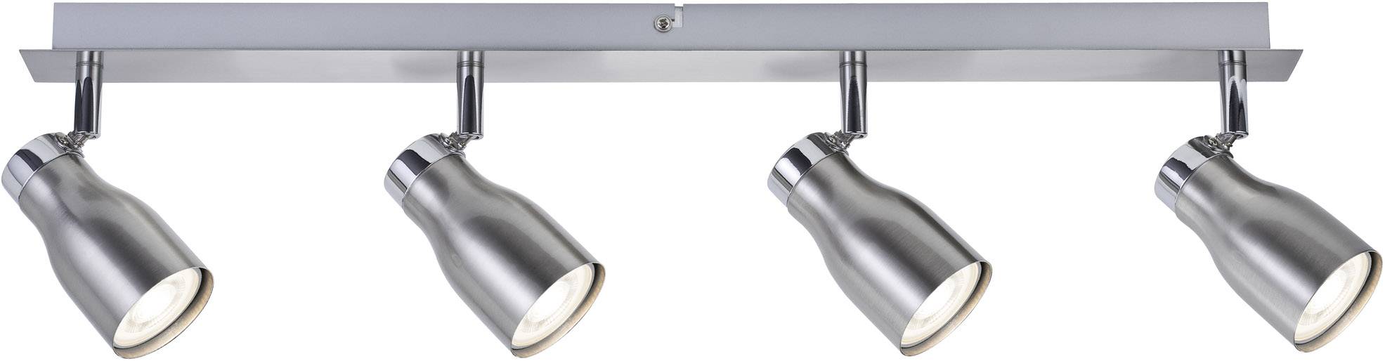 Vier silberne Deckenstrahler in einer Reihe, montiert an einer Metallleiste. Die Strahler sind verstellbar.