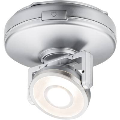 Silberne LED-Deckenleuchte mit schwenkbarem Strahler und einem Ein-/Ausschalter auf der Oberseite. Ideal zur Akzentbeleuchtung.