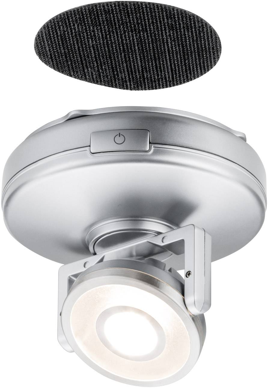 Deckenstrahler in Silber mit runder LED-Leuchte und schwarzem Lichtschutzfilter oben.
