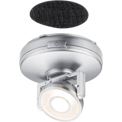Deckenstrahler in Silber mit runder LED-Leuchte und schwarzem Lichtschutzfilter oben.