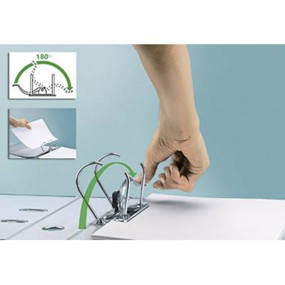Eine Hand nutzt einen Hebelmechanismus, um ein Blatt Papier in einem Aktenordner zu öffnen. Ein Diagramm zeigt, wie der Hebel sich um 180° öffnet.