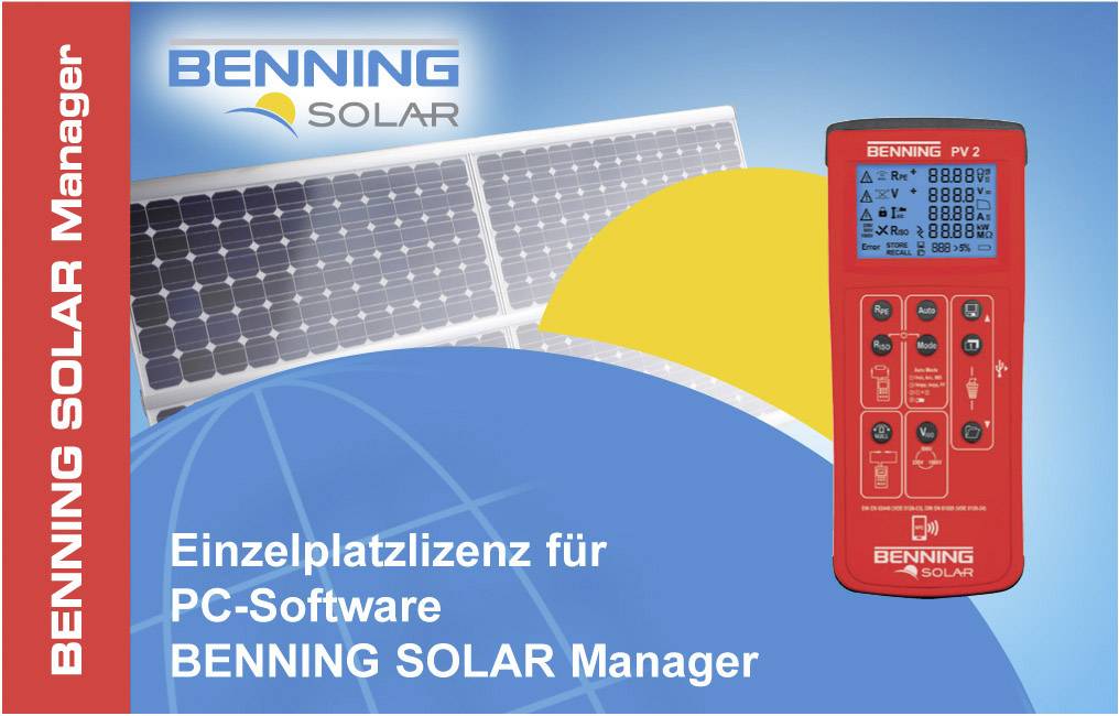 Ein rotes Messgerät neben Solarpanels und einem Halbkreis. Text: 'Einzelplatzlizenz für PC-Software BENNING SOLAR Manager'.