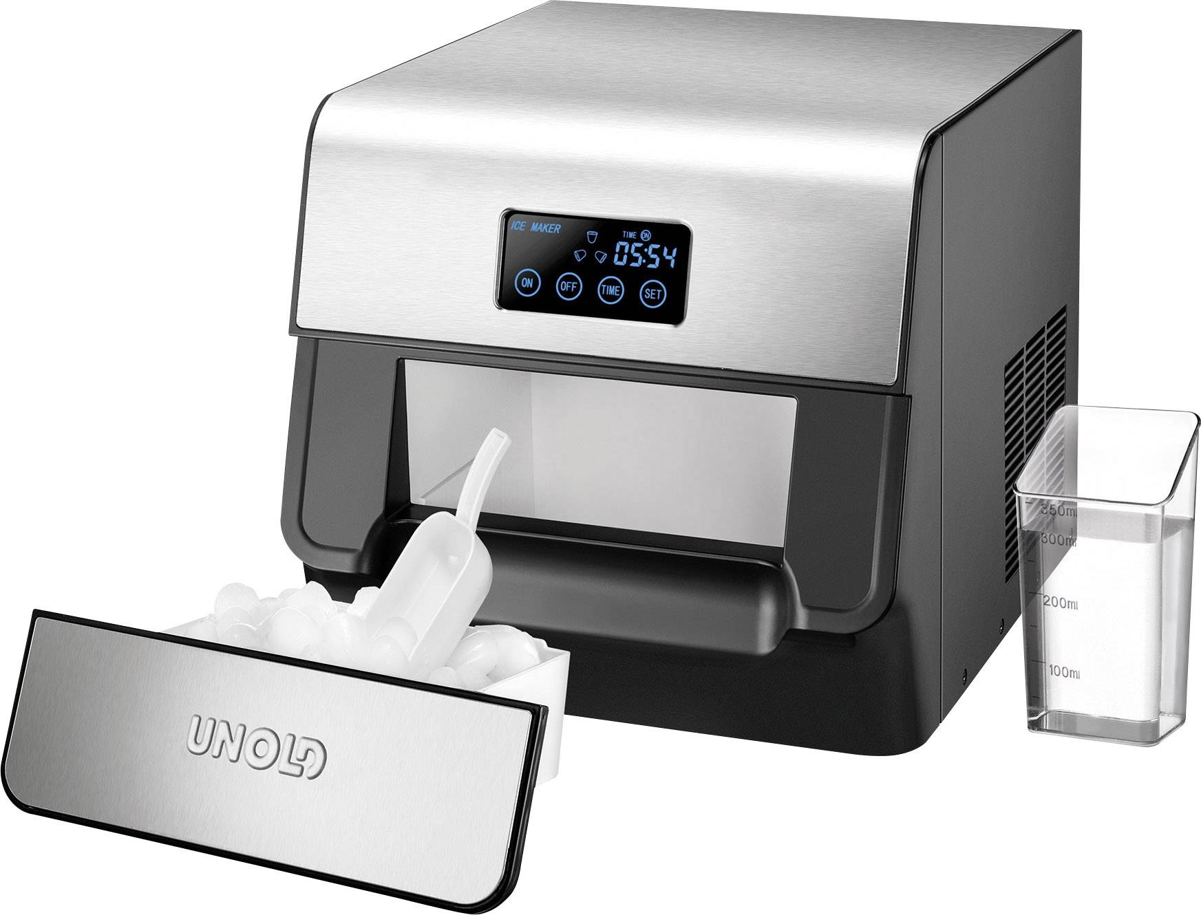Eiswürfelmaschine aus Edelstahl mit digitalem Display und herausnehmbarer Schublade, gefüllt mit Eiswürfeln. Messbecher daneben.