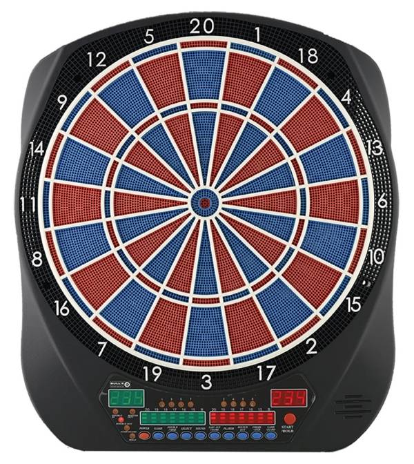 Elektronische Dartscheibe mit nummerierten Abschnitten und digitaler Anzeige darunter. Geeignet für Darts-Spiele und Punkteberechnung.