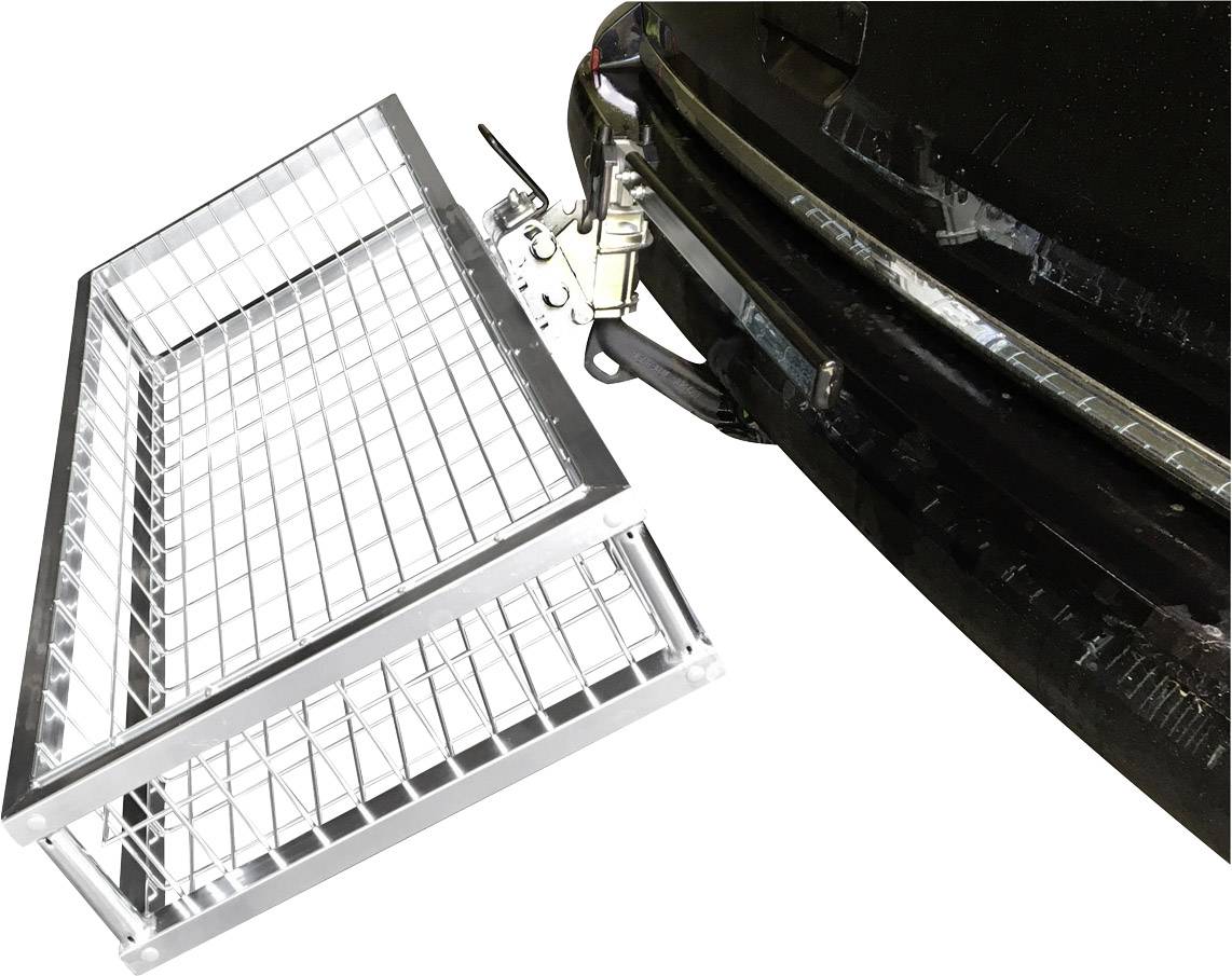 Ein silbernes Gitterregal ist an der Rückseite eines schwarzen Fahrzeugs angebracht. Das Regal ist geöffnet und zeigt seine Gitterstruktur.