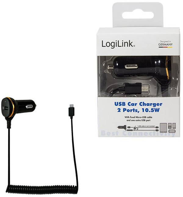 LogiLink USB Kfz Netzteil mit Micro-USB Kabel und USB-Port Belastbarkeit Strom max.=2.1 A 12 V, 24 V-1