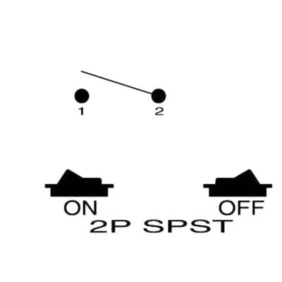 Schaltplan eines SPST-Schalters (Single Pole Single Throw) mit den Positionen 'On' und 'Off', zeigt Anschlüsse 1 und 2.